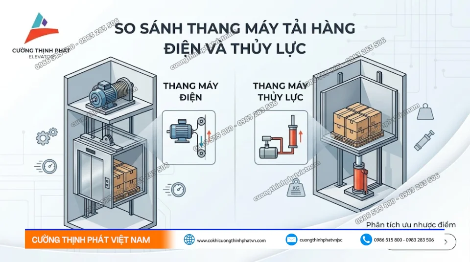 So sánh thang máy tải hàng điện và thang máy tải hàng thủy lực